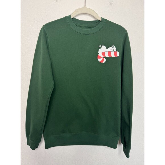Peanuts Kids XS Unisex Snoopy On Candy Cane Sweatshirt Green Pullover Christmas - Picture 1 of 8